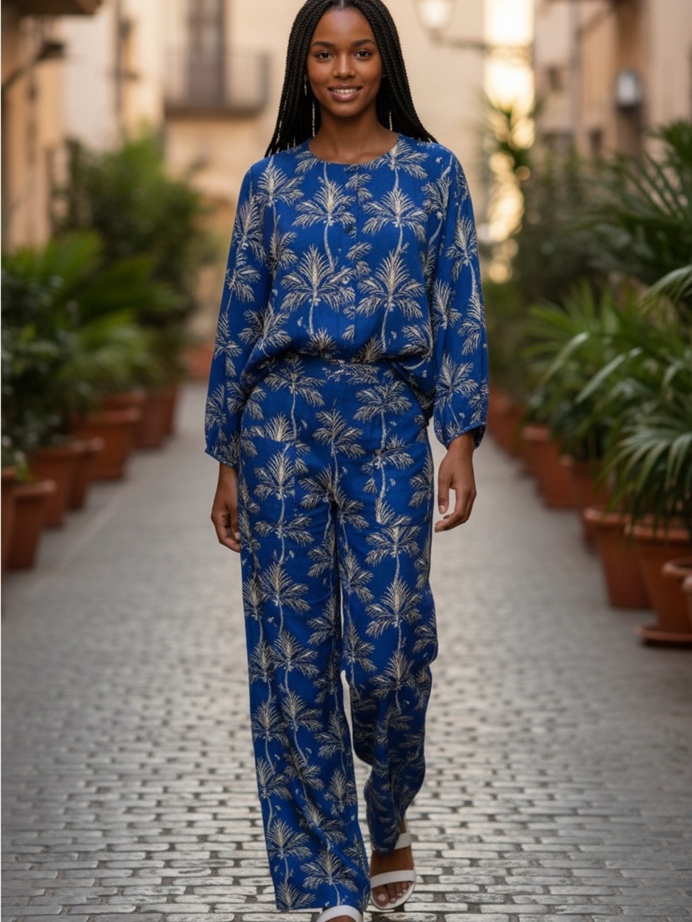 Zara Blue Palm-Print Button Front Top